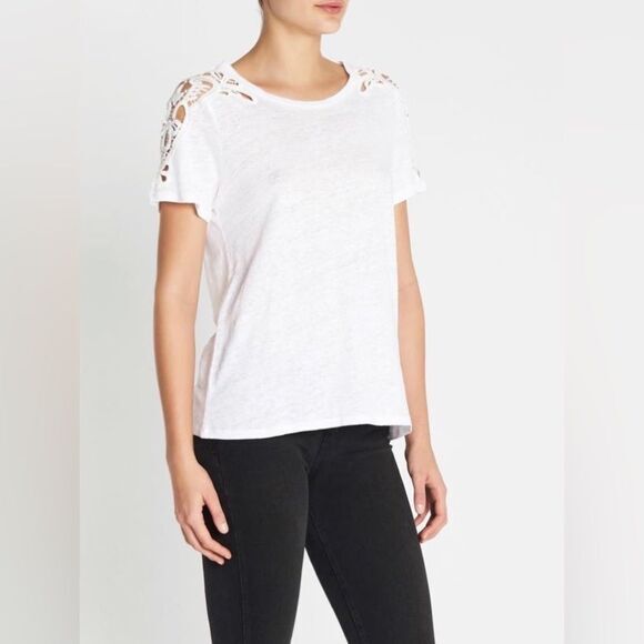 Paige White Linen Blend Short Sleeve Scoop‎ Neck Shirt Crotchet Lace Shoulders - Picture 1 of 8